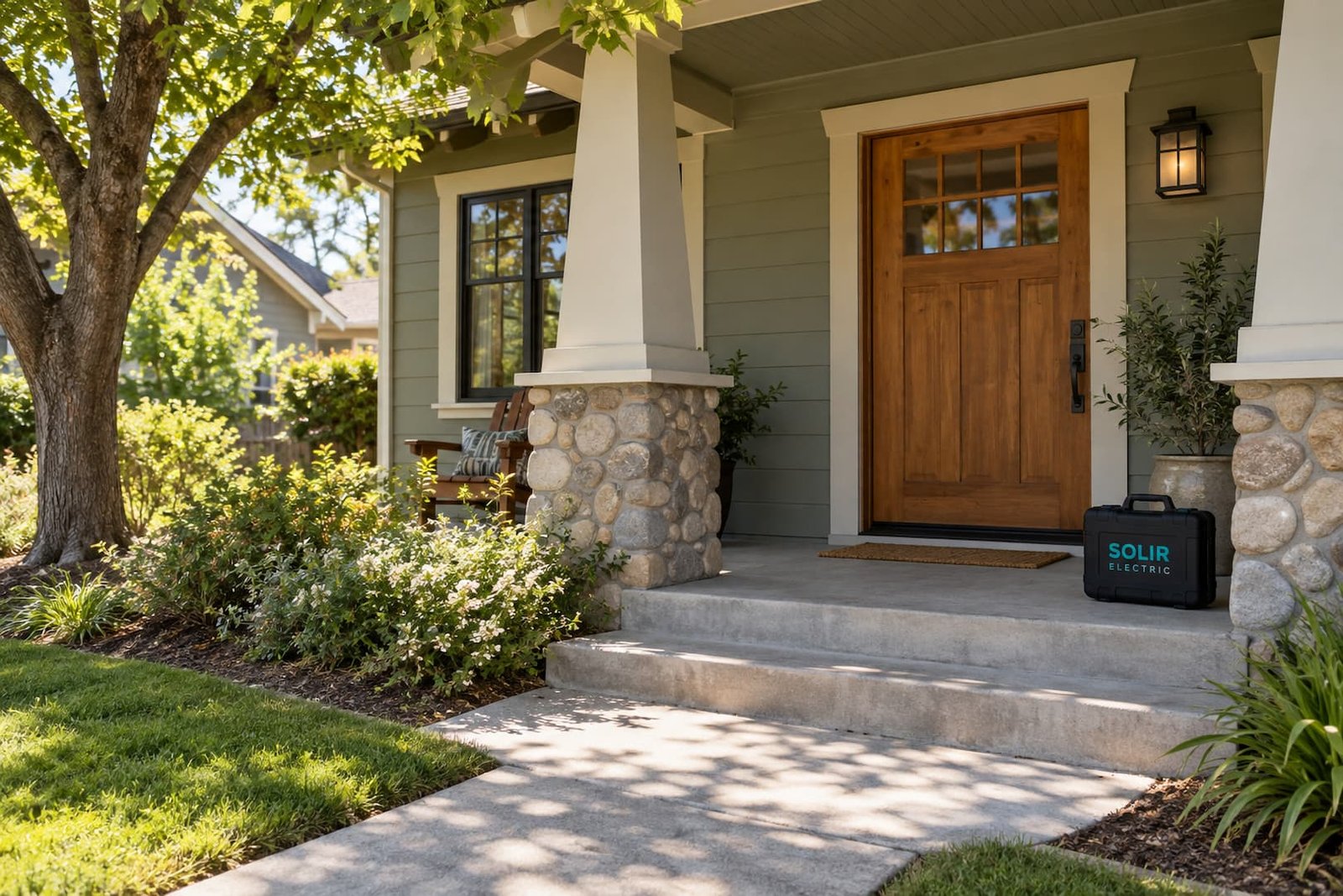 Shaded front porch of a home with a Solir Electric tool case beside the door