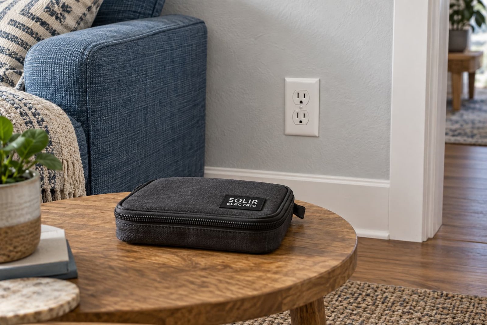An accessible grounded outlet beside a blue sofa and a closed Solir Electric diagnostic pouch on a round wooden table.