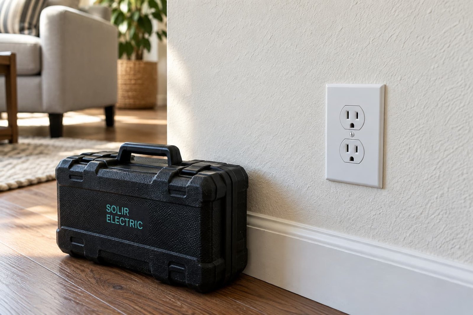 White duplex wall outlet and a Solir Electric tool case in a living room