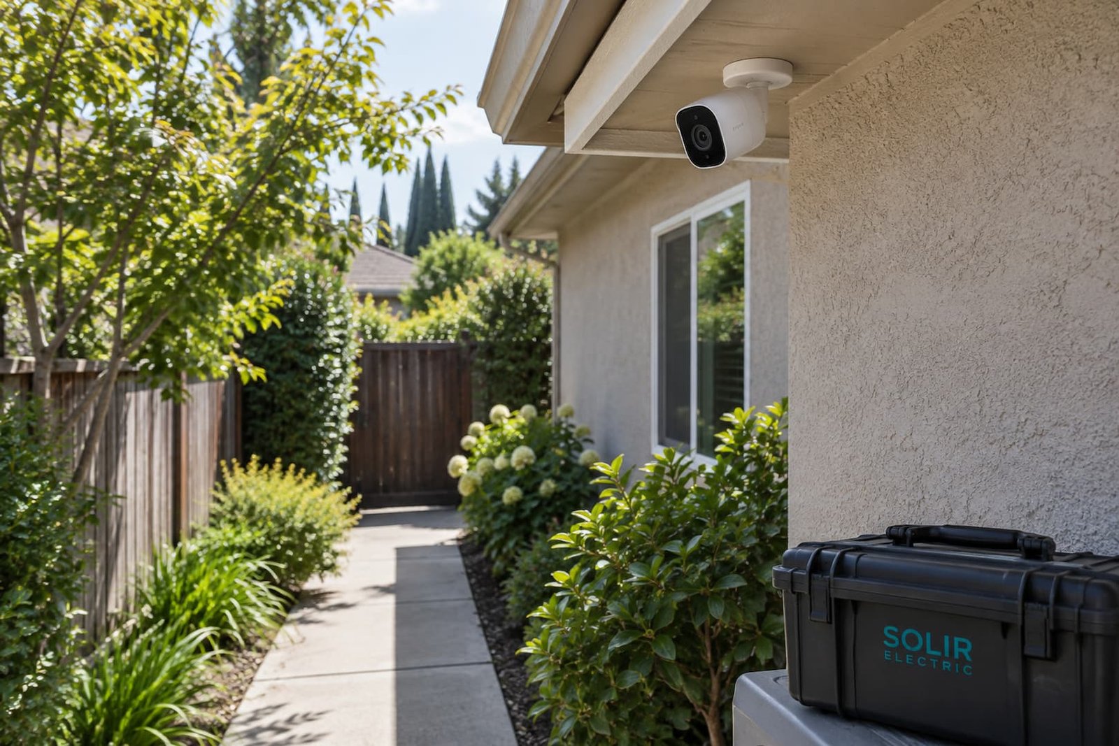 Security Camera Installation in Sacramento 1 Discreet exterior security camera mounted under the eave of a residential property