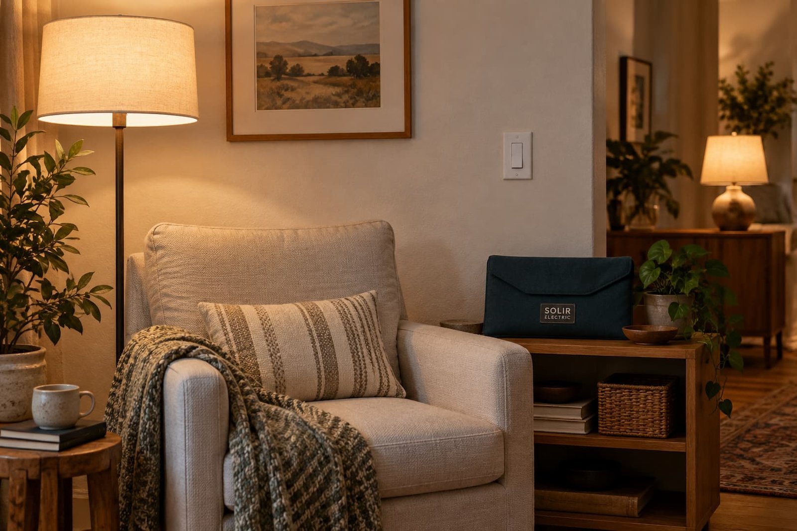 Smart Home Automation in Sacramento 2 Two warm lamps light separate areas of a sitting room with a wall control and a discreet Solir Electric document sleeve.