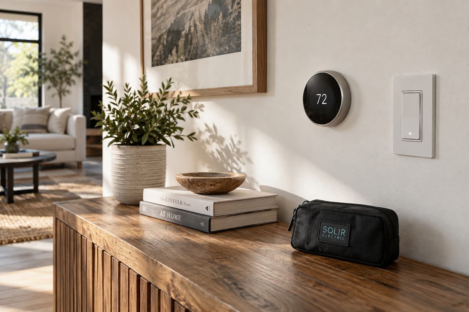 Smart Home Automation in Sacramento 1 Wall-mounted smart thermostat and paddle light switch above a wood console