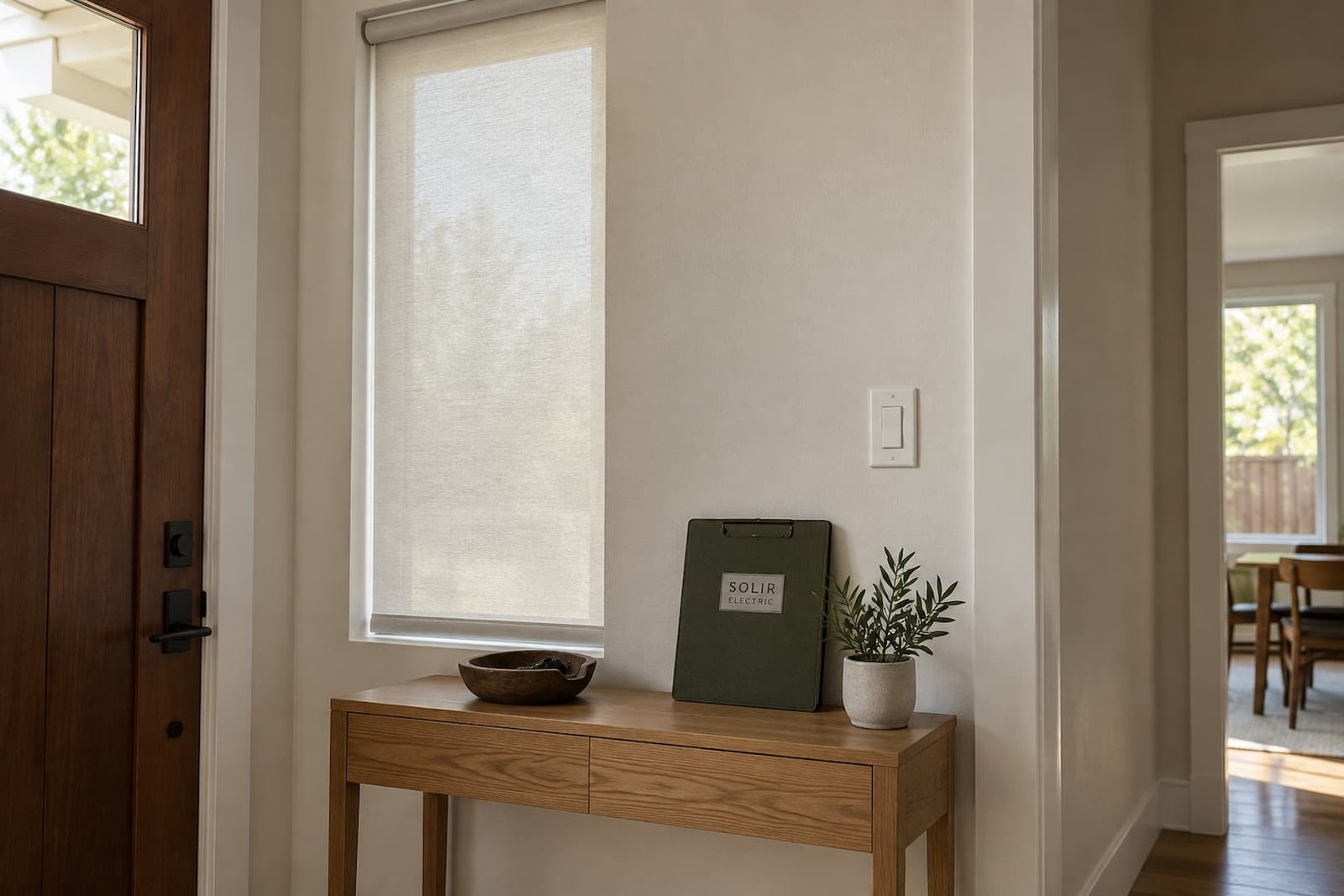 Smart Home Automation in Sacramento 3 Morning light filters through a lowered roller shade beside a hallway wall control and a Solir Electric clipboard cover.