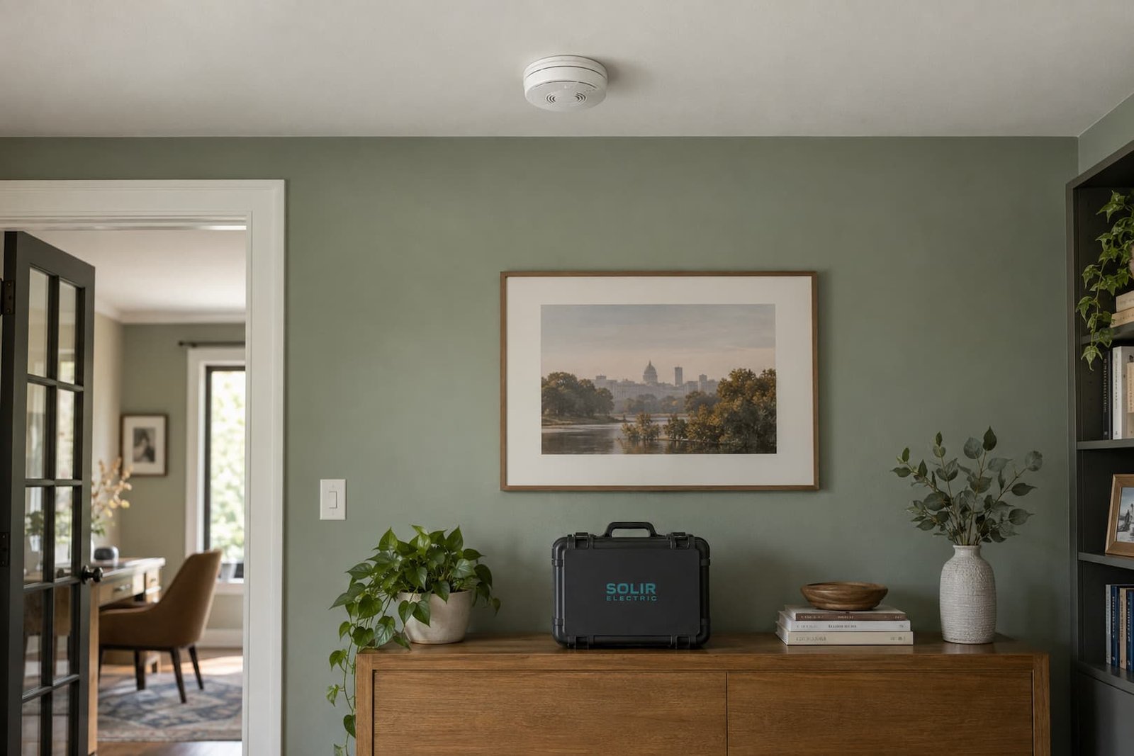 Smoke alarm neatly installed on a clean residential ceiling