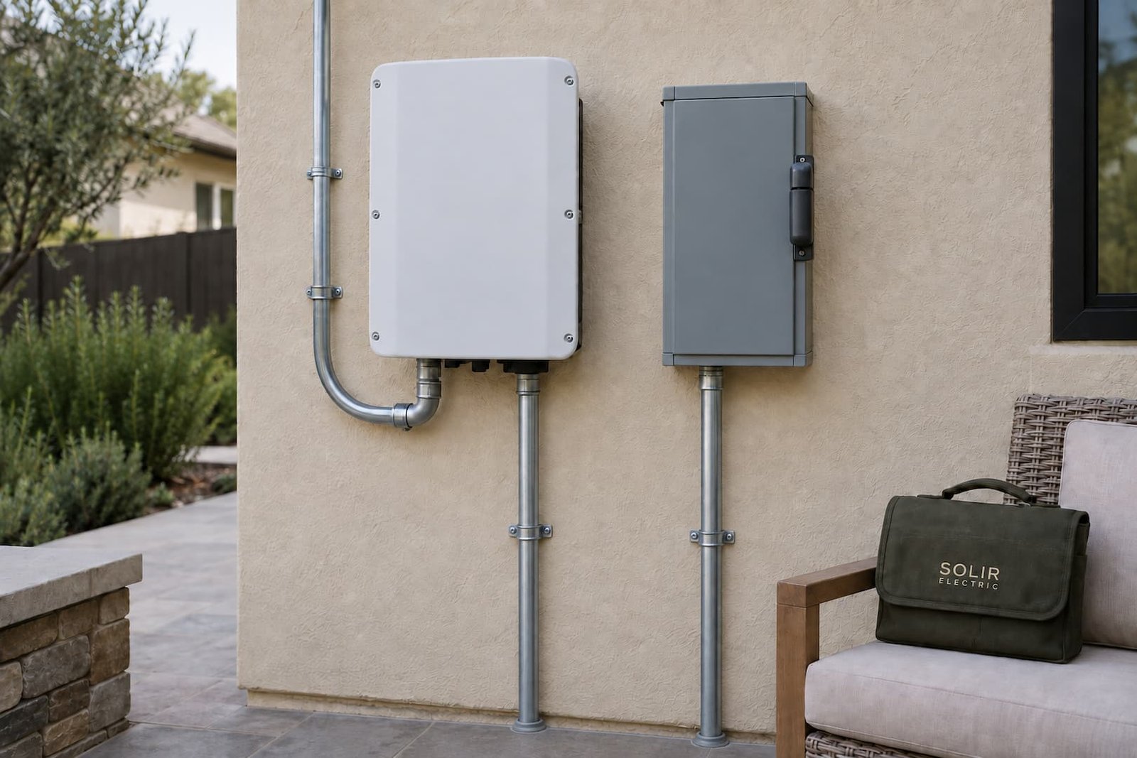 Solar Panel Installation in Sacramento 3 Closed solar inverter and disconnect on a residential exterior wall with a Solir Electric document case