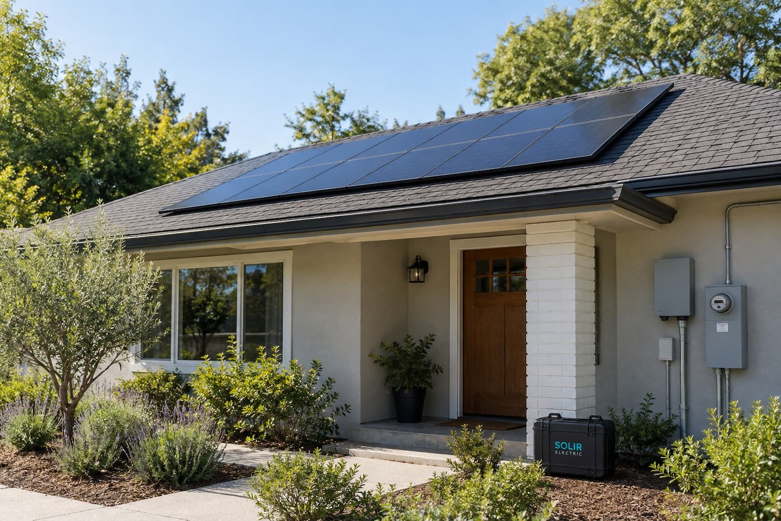 Solar Panel Installation in Sacramento 1 Solar panels arranged on a residential roof under a clear blue sky