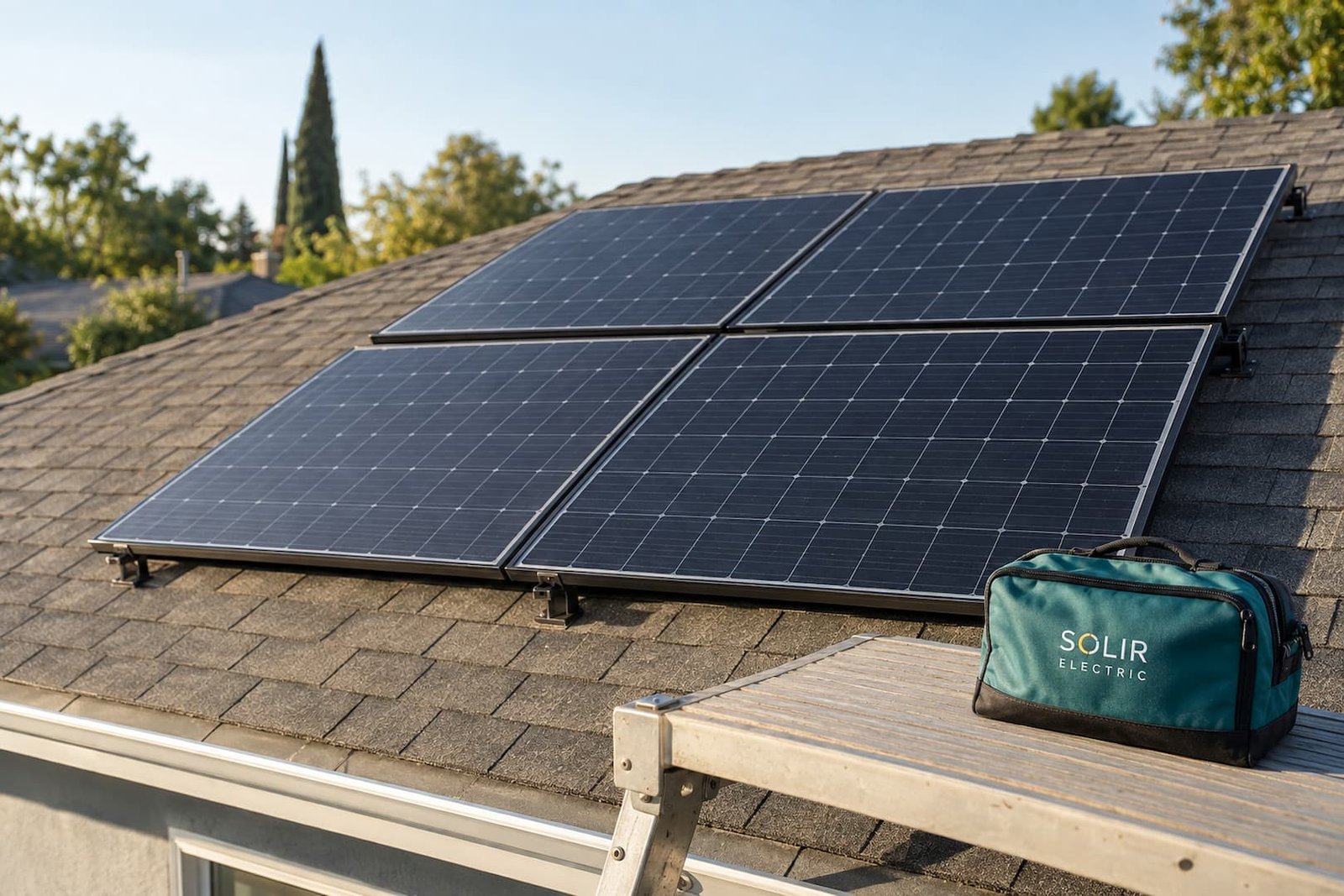 Solar Panel Installation in Sacramento 2 Close view of a roof edge and correctly aligned solar modules beside a Solir Electric canvas pouch