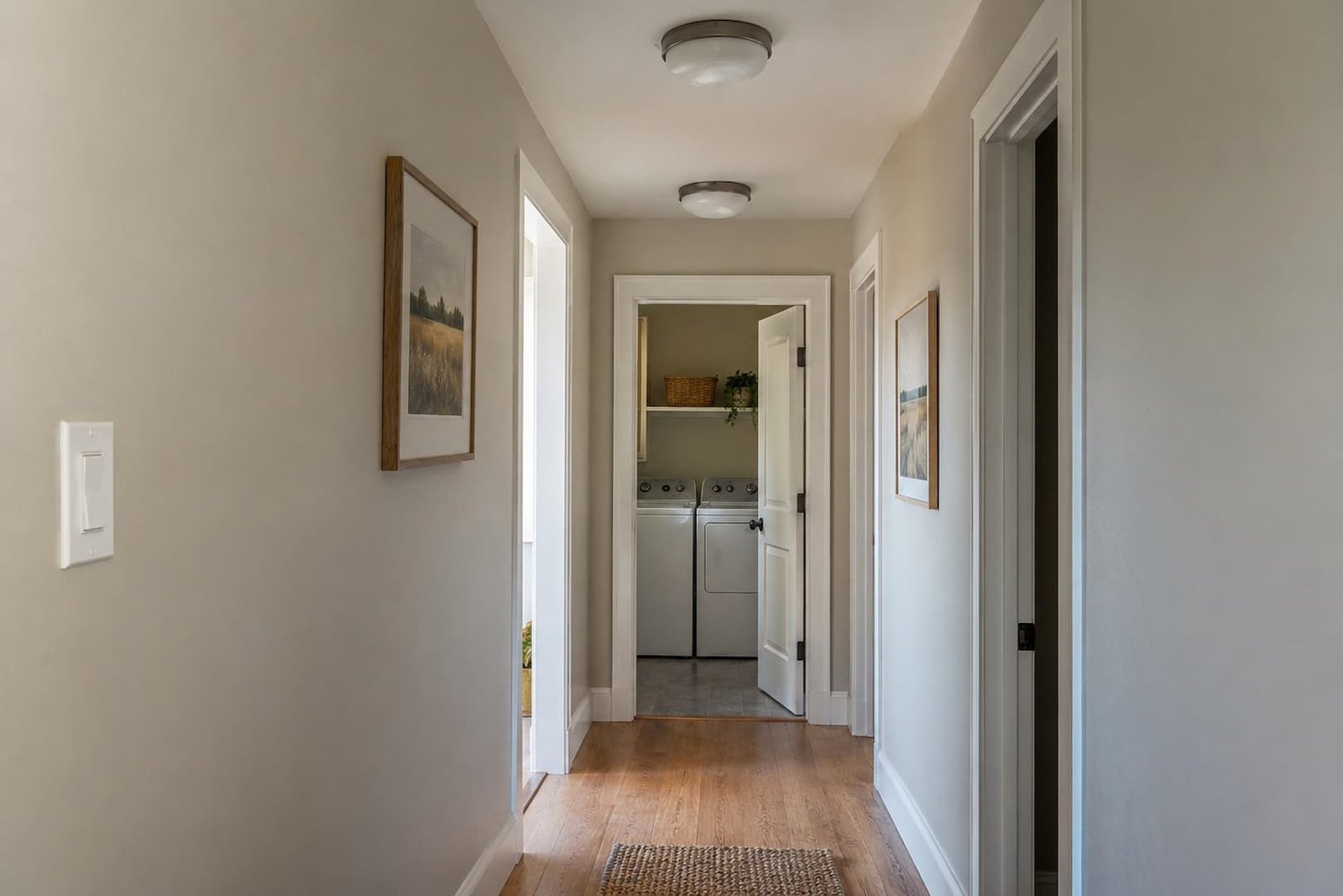 Hallway with two flush-mounted ceiling lights and a wall switch.