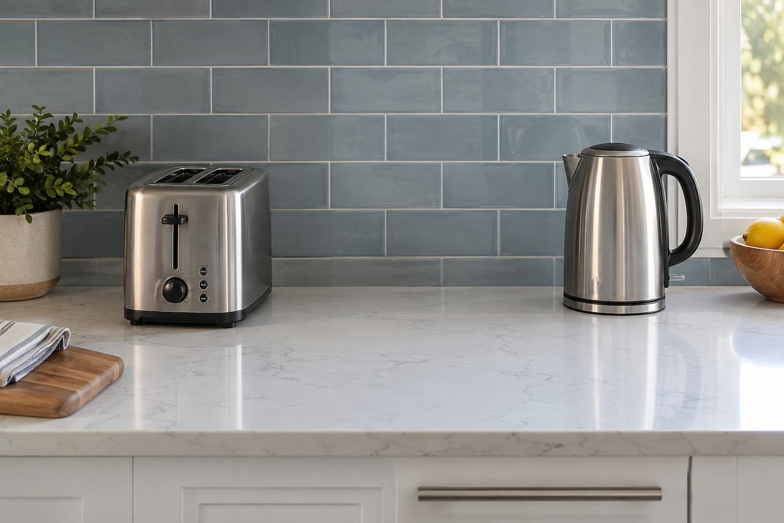 Toaster and electric kettle on a dry kitchen countertop.