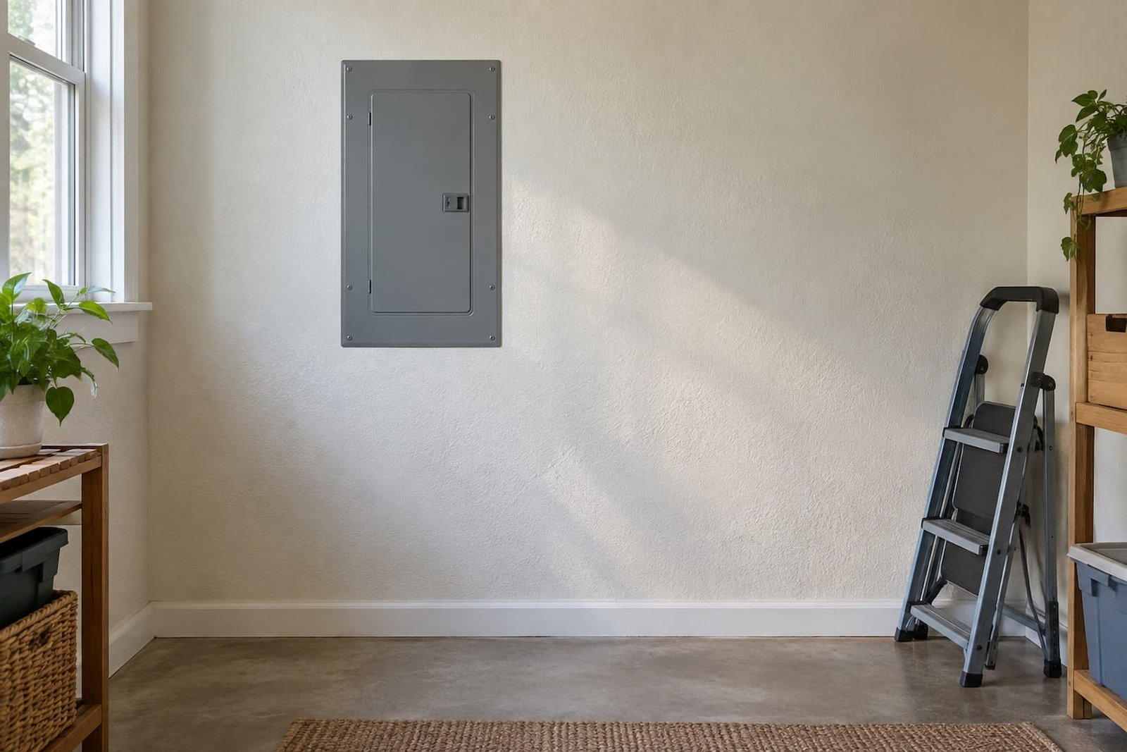 Closed electrical-panel door on an unobstructed utility-room wall.