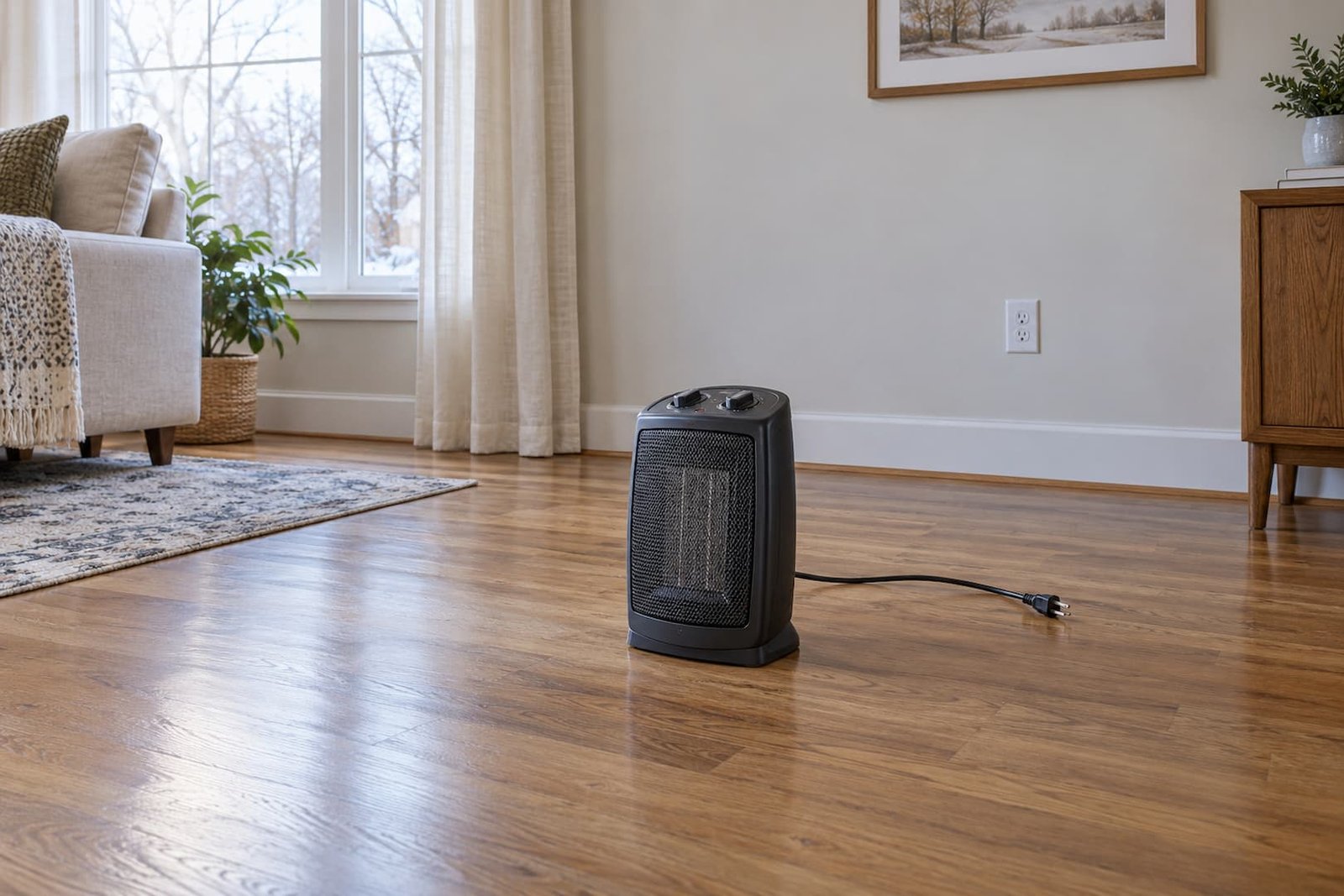 Portable electric heater switched off and unplugged on a clear living-room floor.