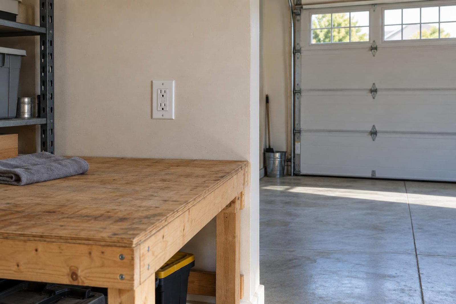 White GFCI receptacle mounted above a garage workbench.