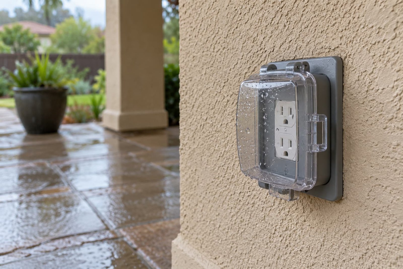 Outdoor duplex outlet enclosed by a closed clear weatherproof cover on a stucco wall.