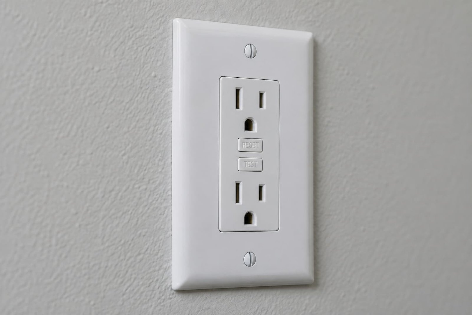 Close view of a white GFCI outlet with RESET and TEST buttons.