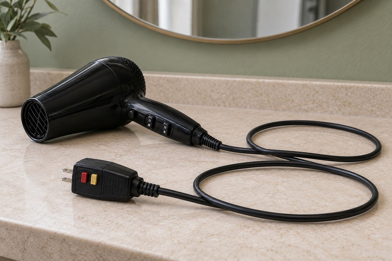 Unplugged hair dryer and its safety plug resting on a dry bathroom counter.