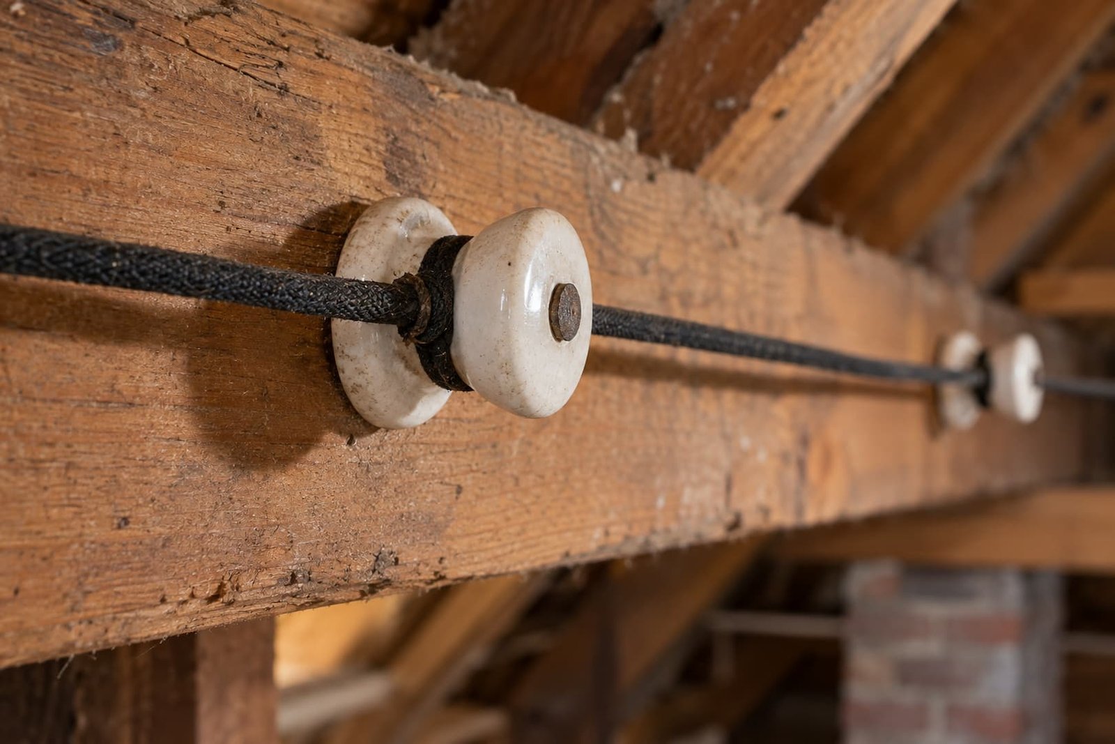 Cloth-covered conductor held away from an old timber by a porcelain knob.