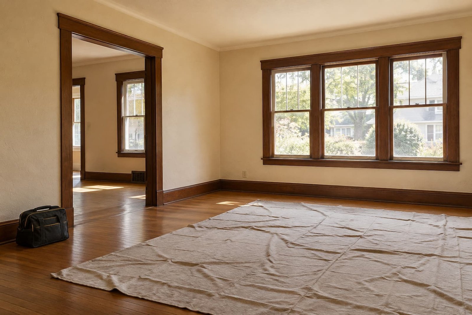 Empty older living room with oak flooring, wood window trim and a canvas floor covering.