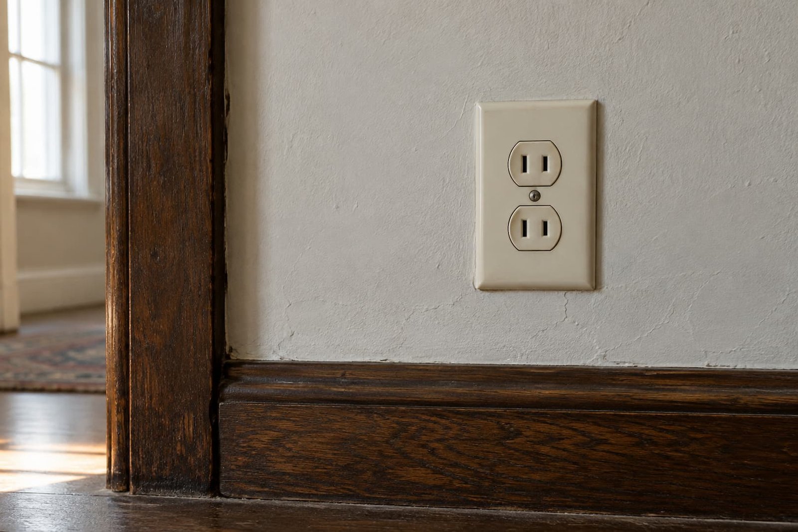 Ivory two-slot duplex receptacle on an older plaster wall above an oak baseboard.